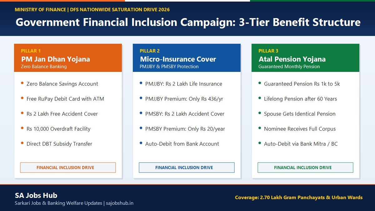 Government Financial Inclusion Campaign 2026: जनधन खाता, बीमा और पेंशन योजना के बड़े फायदे, जानिए पूरी जानकारी Government Financial Inclusion Campaign Benefits Infographic