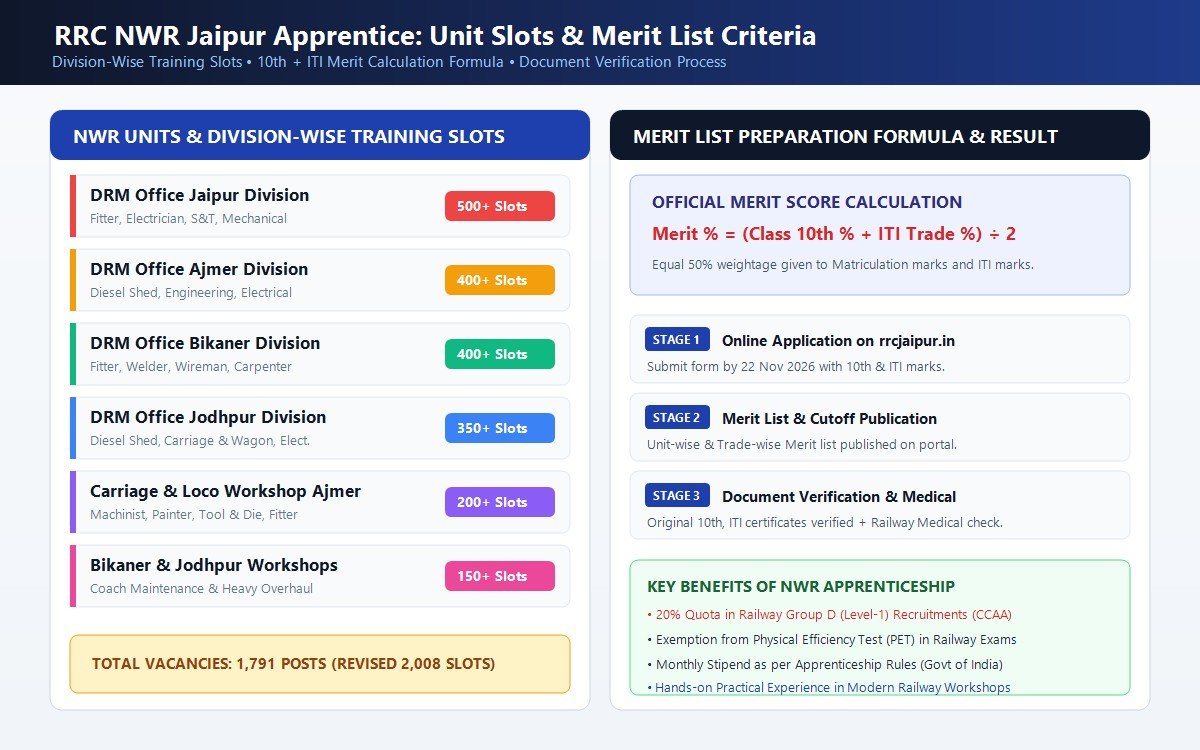 RRC NWR Jaipur Apprentice Slots and Merit Formula Infographic